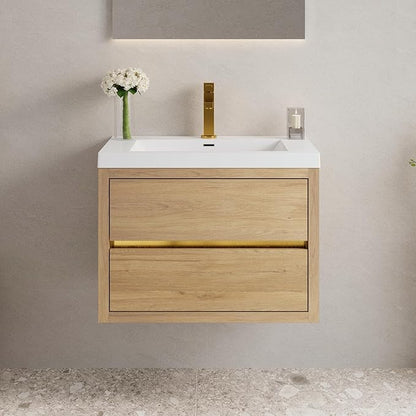 Abruzzo 30" Natural Oak Wall-Mounted Bathroom Vanity with Sink – Stone Resin Countertop & Soft-Close Drawers, Waterproof Wood Cabinet for Small Bathrooms