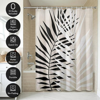 Americanflat 71x74 Botanical Shower Curtain - Water-Resistant Long Shower Curtain with Durable Metal Grommets and 12 Hooks - 100% Polyester - Black, White, and Beige