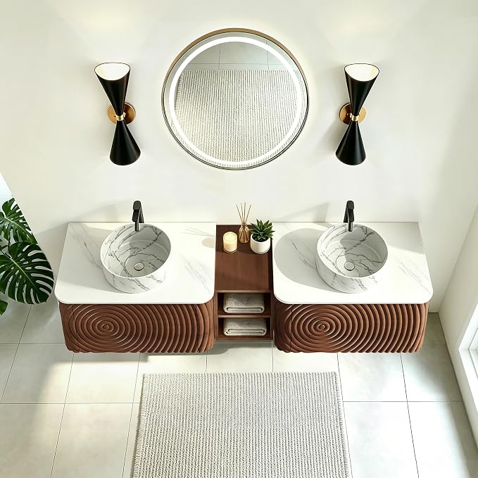 72" Floating Bathroom Vanity with Double Sink, Mid-Century Wall Mounted Bathroom Vanity Cabinet with Wood Waved Decor, Marble Ceramic Basin, Sintered Stone Top, Soft Close Drawer, Side Open Cube