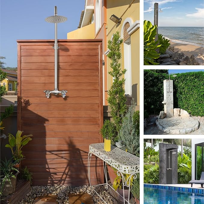 Aolemi Outdoor Shower Kit,8 Inch Rain Head,Hot and Cold,Brushed Nickel | 2-Handle Control Outdoor Shower Fixtures,Adjustable Height,6-Inch Center Valve,Winter Drainage,Exposed Shower
