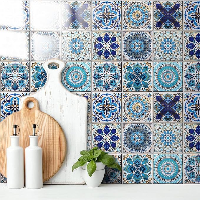 DICOFUN 32 Moroccan Tile Peel and Stick Backsplash, 6" x 6" Waterproof Mandala Stick on Wall Tiles (Style 5)