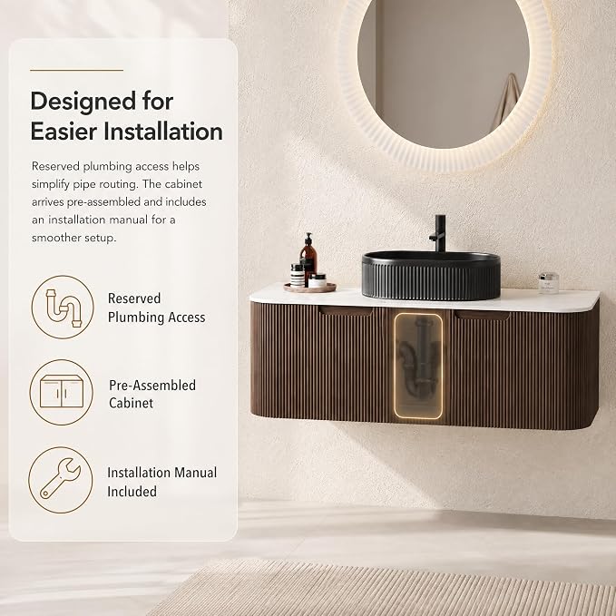 48 Inch Bathroom Vanity with Sink, Floating Wall Mounted Single Sink Vanity, Dark Walnut Curved Fluted Front, Stone Top, Black Textured Oval Vessel Basin, Pre-Assembled