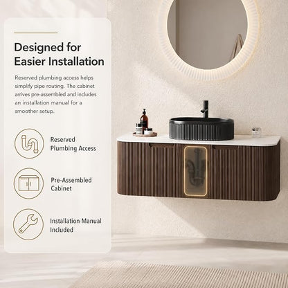 48 Inch Bathroom Vanity with Sink, Floating Wall Mounted Single Sink Vanity, Dark Walnut Curved Fluted Front, Stone Top, Black Textured Oval Vessel Basin, Pre-Assembled