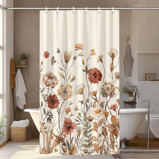 Vintage Boho Beige Floral Shower Curtain, Brown Cream Tan Rustic Farmhouse Flower Shower Curtain Set, Cute Botanical Wlidflowers Fabric Shower Curtains Decoration, 36X72 Aesthetic Bathroom Accessories