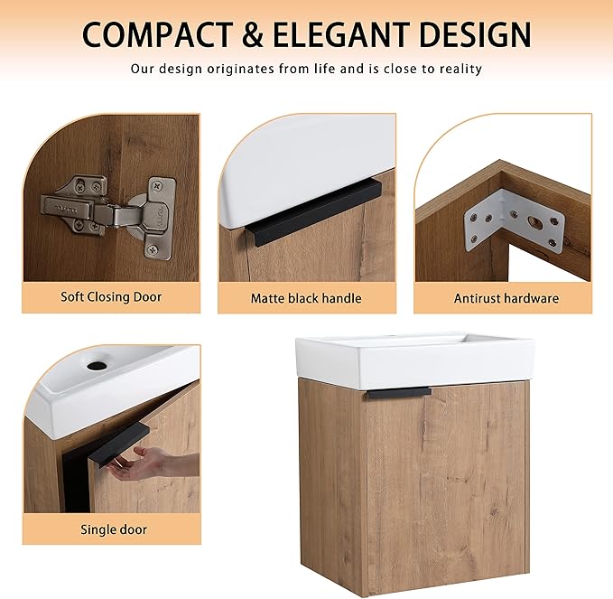 18" Bathroom Vanity with Sink, 18 Inch Floating Bathroom Vanity for Small Space, Modern Bathroom Vanity, Brown Wall Mounted Cabinet Set