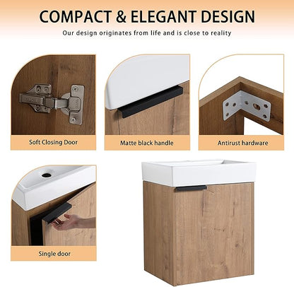 18" Bathroom Vanity with Sink, 18 Inch Floating Bathroom Vanity for Small Space, Modern Bathroom Vanity, Brown Wall Mounted Cabinet Set
