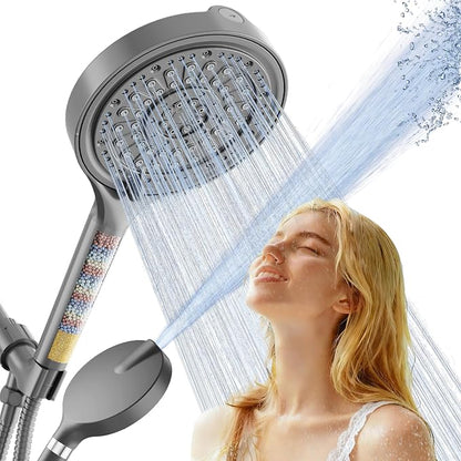Filtered Shower Head, 6 Inch High Pressure Handheld Shower Filter Head for Hard Water, 6 Spray Modes Water Softener Showerhead with Hose and Shower Arm Bracket, Dark Grey