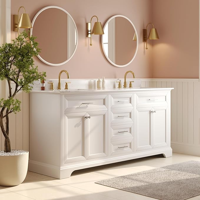 DeerValley 72'' Bathroom Vanity with Double Sink Top, Pre-Assembled Modern Wood Bathroom Cabinet Sink Combo with Backsplash, Soft Closing Doors, Multifunctional Storage Space Vanity (White)