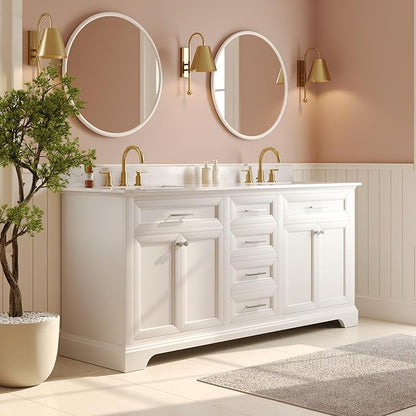 DeerValley 72'' Bathroom Vanity with Double Sink Top, Pre-Assembled Modern Wood Bathroom Cabinet Sink Combo with Backsplash, Soft Closing Doors, Multifunctional Storage Space Vanity (White)