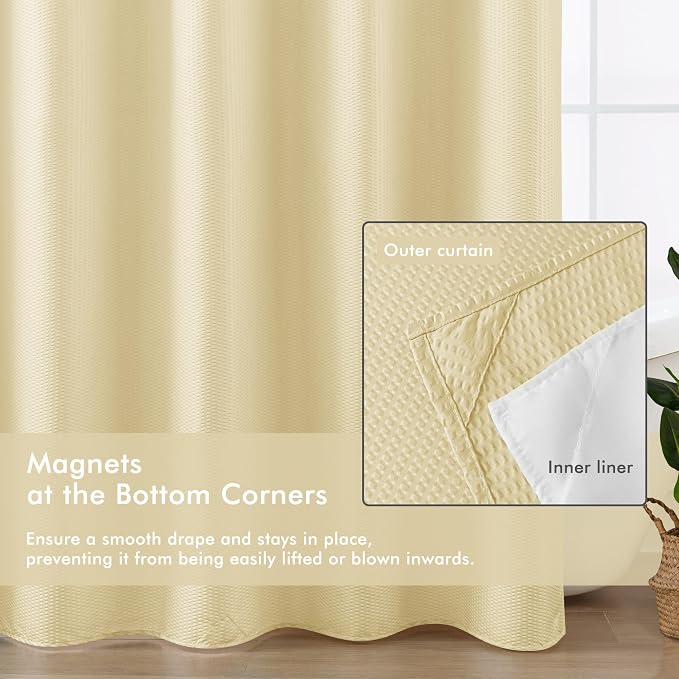 No Hook Shower Curtain with Snap-in Fabric Liner 71x74, Beige | Embossed Waffle-Look Textured, Sheer Window, Soft & Lightweight, Water Repellent Fabric Shower Curtain for Bathroom