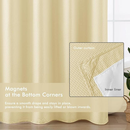 No Hook Shower Curtain with Snap-in Fabric Liner 71x74, Beige | Embossed Waffle-Look Textured, Sheer Window, Soft & Lightweight, Water Repellent Fabric Shower Curtain for Bathroom