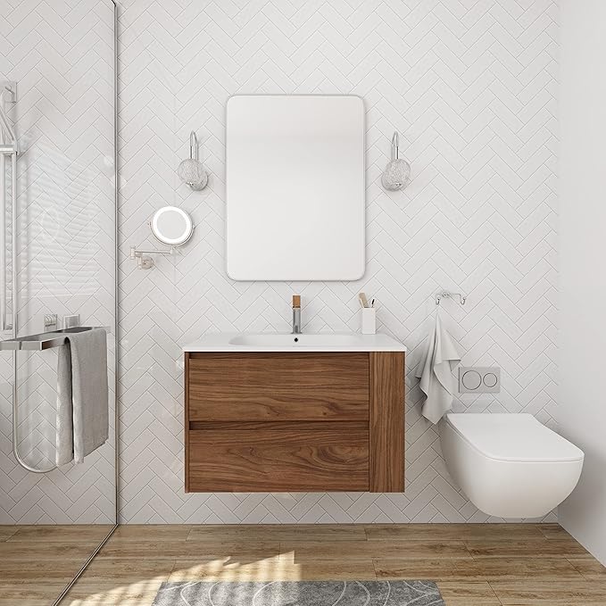Henf 30inch Wall Mounted Bathroom Vanity with White Gel Sink, Modern Floating Bathroom Vanity Cabinet with 2 Soft Close Drawers & Open Storage Shelf, Bathroom Sink Vanity with Sink Combo Set,Brown