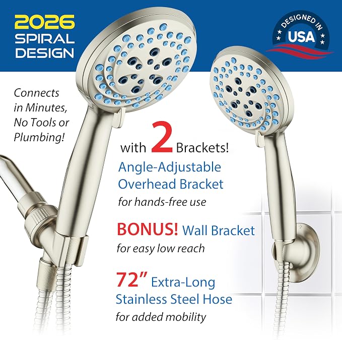 AquaCare New 8-mode High Pressure Handheld Shower Head w/ 2-way Power Wash | Stay Clean Nozzles, Dual Power Wash for Tub, Tile & Pets, Long 6 ft. Stainless Steel Hose, Wall & Overhead Brackets / Nickel