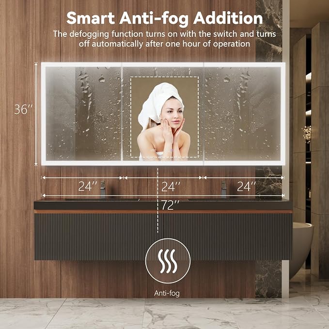 72 in. W Smart Lighted Medicine Cabinet with Mirror for Bathroom, Recessed/Surface Mount Medicine Cabinet with Anti-Fog, 1800W Charging Station, USB Ports, 3 Color Lights