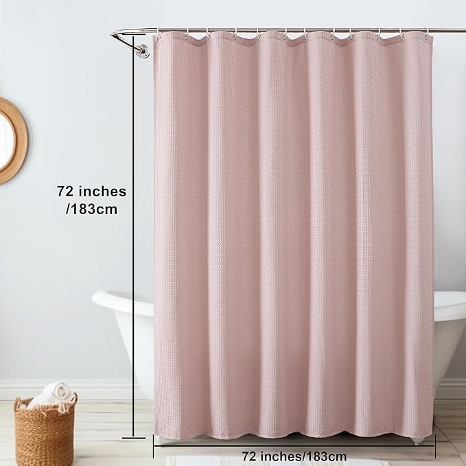 OVZME Blush Pink Shower Curtain Set, Waffle Textured Heavy Duty Fabric Shower Curtain for Bathroom, Luxury Hotel Weighted 230GSM Waterproof Bath Curtain with 12 Plastic Hooks, Machine Washable, 72x72