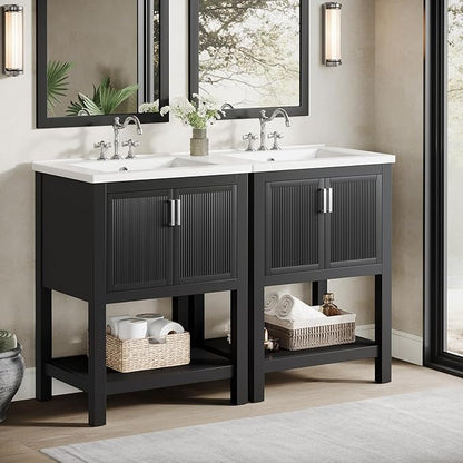 Tribesigns 48" Bathroom Vanity with Sink, Modern Freestanding Vanity with Ceramic Porcelain Basin, 2-Door Storage Cabinet & Open Shelf for Small Bathroom, Industrial, Black