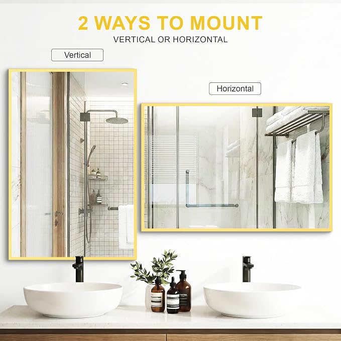 Bathroom Mirror for Wall, 2 Pack 36"x24" Gold Vanity Mirror | Sturdy Rectangular Metal Frame, HD Tempered Glass, Hangs Horizontally or Vertically in Bedroom, Living Room, Entryway