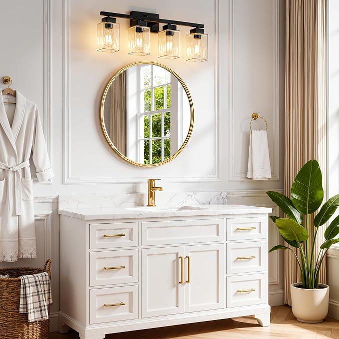 PARTPHONER 4-Light Bathroom Light Fixtures, Matte Black Modern Vanity Lights, Bathroom Lighting Fixtures Over Mirror, Square Design Farmhouse Wall Sconces with Clear Glass Shades