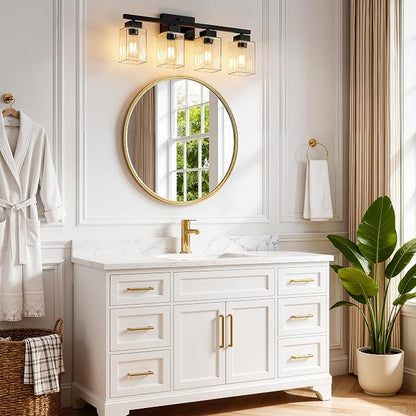 PARTPHONER 4-Light Bathroom Light Fixtures, Matte Black Modern Vanity Lights, Bathroom Lighting Fixtures Over Mirror, Square Design Farmhouse Wall Sconces with Clear Glass Shades