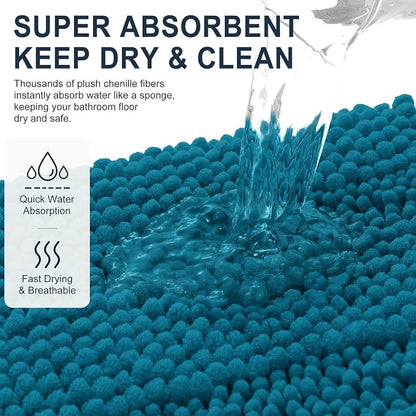 Smiry Thick Chenille Bathroom Runner Rugs 44x24, Bath Mat, Peacock Blue | Quick‑Dry & Machine Washable, Non‑Slip Bath Carpet, Soft Striped Bath Rugs for Tub & Shower, Modern Home Decor Accessories