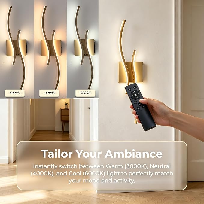 Battery Operated USB Rechargeable Wall Sconce, Gold Dimmable LED | Wireless Wall Light with Remote Control, 10000mAh, 3000K-6000K, Minimalist, For Bedroom Hallway Background Staircase, 1 Pack