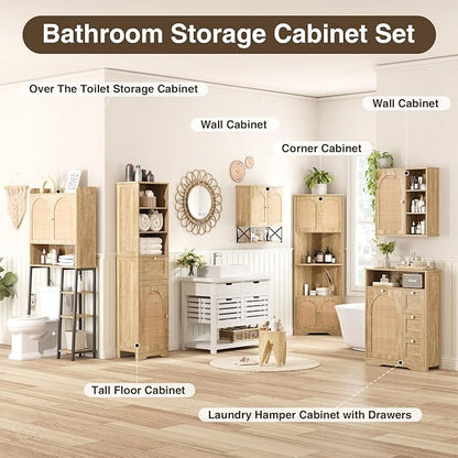 Rattan Bathroom Wall Cabinet with Door, Boho Medicine Wall Cabinets with Adjustable Shelves, Tall Kitchen Wall Mounted Storage Cabinet, Floating Hanging Cabinet Space Saver for Laundry Room, Natural