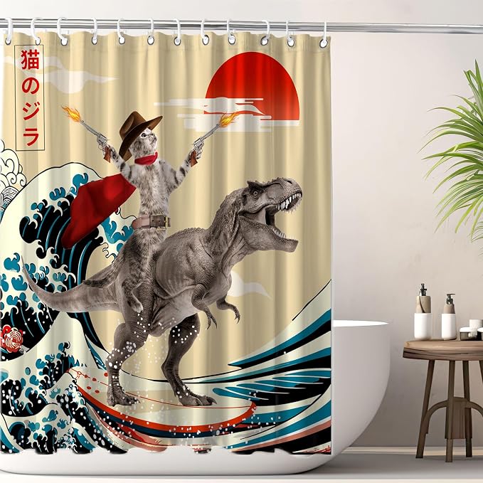 Funny Cute Cat Shower Curtain, Japan Cat Dinosaur Surfing Ocean Sea Wave Fabric Shower Curtains Set, Japanese Art Shower Curtains with Hooks, Kids Bathroom Decor 72x72inch