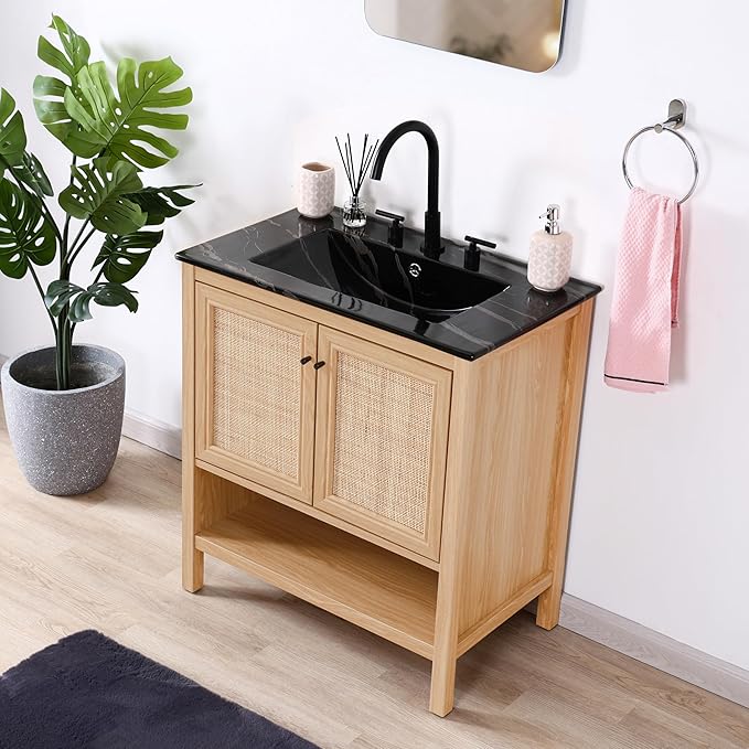 JONATHAN Y VAN1024A Jasper 30 in. W x 18 in. D x 33 in. H Rattan Modern Coastal 2-Shelf Bathroom Vanity Cabinet Only with Soft Closing Doors (Sink Basin Not Included), Oak