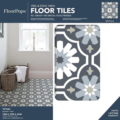 FloorPops FP2944 Sevilla Peel & Stick Floor Tiles, Multicolor (Pack of 6)
