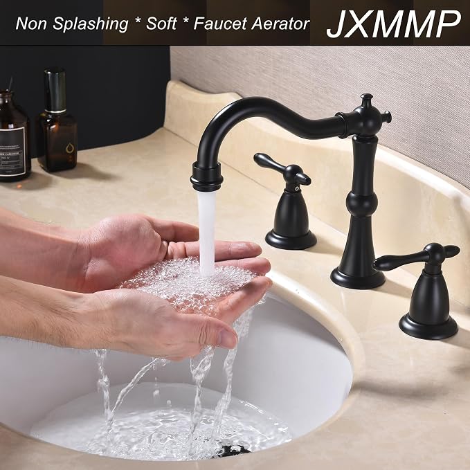 Matte Black Antique Bathroom Faucet 3 Hole, Widespread Sink Faucet with Pop Up Drain and cUPC Supply Hose, Modern 2 Handle Black Faucet for Bathroom Sink JXM3073BK