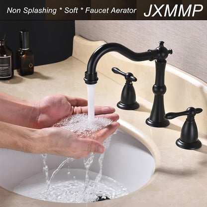 Matte Black Antique Bathroom Faucet 3 Hole, Widespread Sink Faucet with Pop Up Drain and cUPC Supply Hose, Modern 2 Handle Black Faucet for Bathroom Sink JXM3073BK