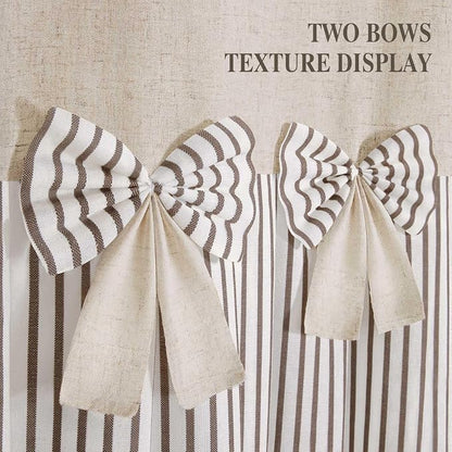 Farmhouse Shower Curtain Linen Bow Pleated Brown Stripe 72"W x 78"L | Farmhouse Style, Chic Bow, Striped, Linen Fabric, Rustic, Country, Natural Look, Washable, for Bathroom Bathtub