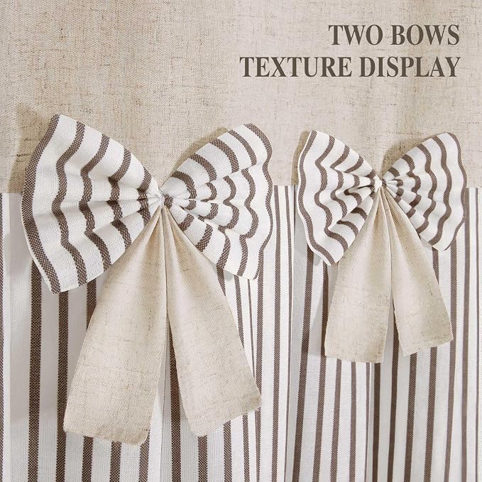 Farmhouse Shower Curtain Linen Bow Pleated Brown Stripe 72"W x 72"L | Farmhouse Style, Chic Bow, Striped, Linen Fabric, Rustic, Country, Natural Look, Washable, for Bathroom Bathtub