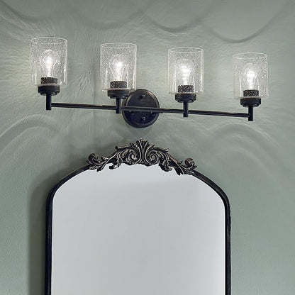 Kichler Winslow 4-Light Farmhouse Vanity Light, Black | Clear seeded glass vanity light with industrial styling (30" x 9.25" x 6.5"), 45887BK