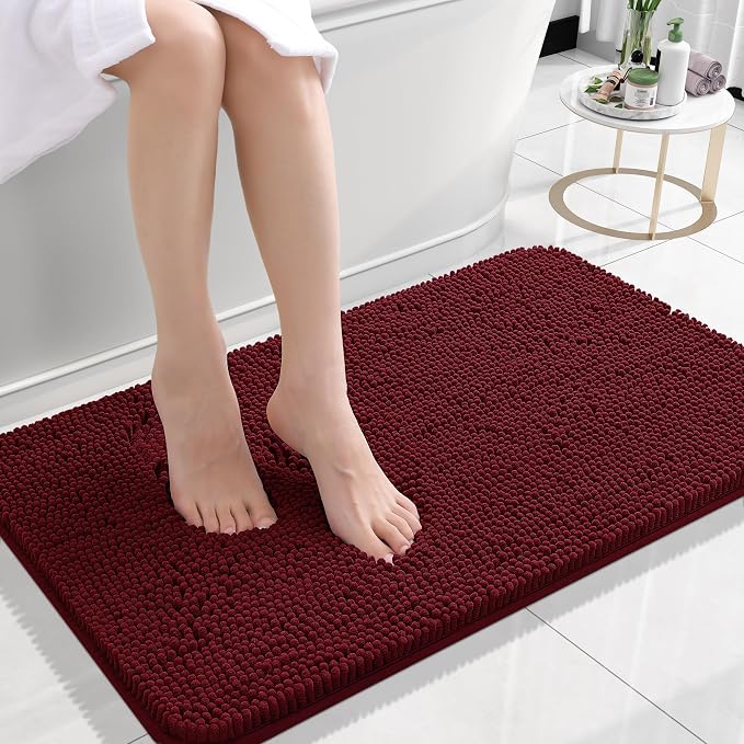 OLANLY Small Bathroom Rugs 24x16, Extra Soft Absorbent Chenille Bath Rugs | Burgundy, Quick-Drying Rubber Backing, Machine Washable Bath Mat for Bathroom Floor, Tub and Shower, Home Decor Accessories