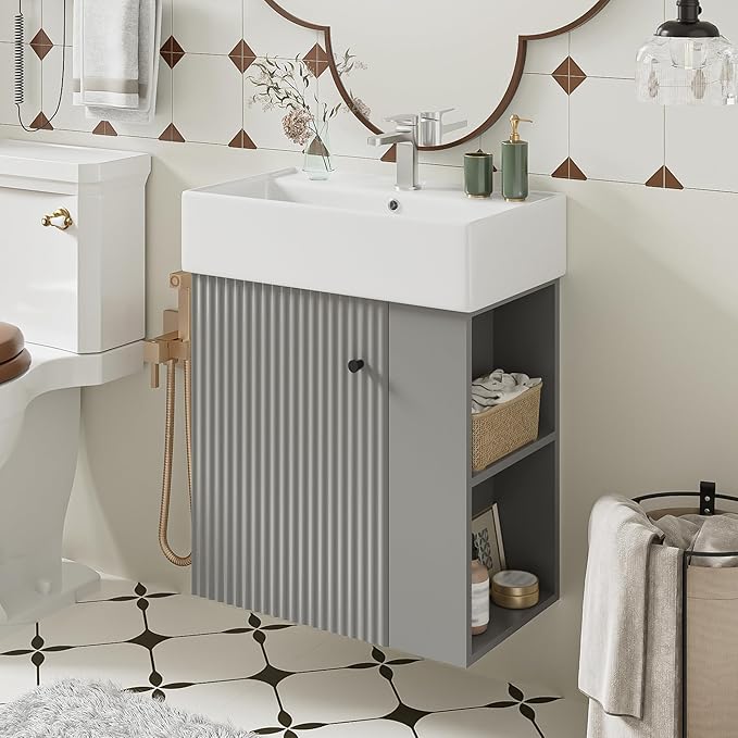21.6 in Floating Bathroom Vanity with Sink,Soft Closing Doors,Solid Wood Frame & MDF Modern Single Small Bathroom Vanity Cabinet with Open Shelf,Wall Mounted (Grey,Right Shelves)