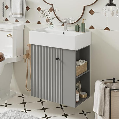 21.6 in Floating Bathroom Vanity with Sink,Soft Closing Doors,Solid Wood Frame & MDF Modern Single Small Bathroom Vanity Cabinet with Open Shelf,Wall Mounted (Grey,Right Shelves)