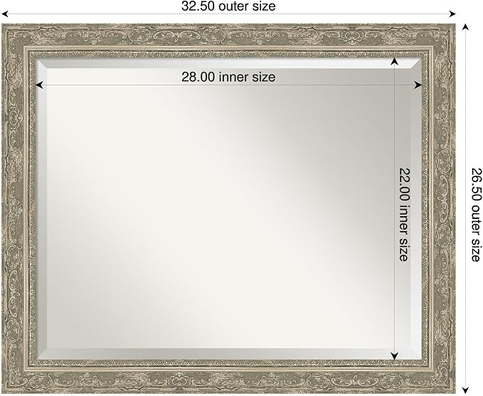 Amanti Art Silver Bathroom Mirror for Over Sink, 26x32 Filigree Silver Rectangle Vanity Mirror, Large Traditional Frame, Hangs Horizonally and Vertically, Bathroom Wall Decor, Beveled Edge