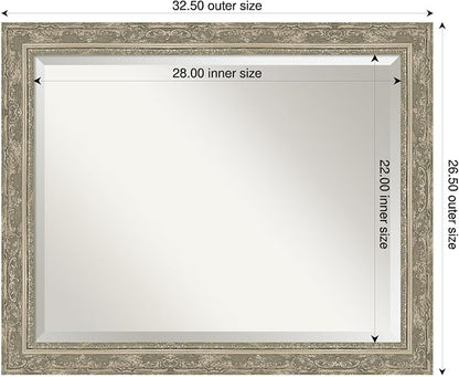 Amanti Art Silver Bathroom Mirror for Over Sink, 26x32 Filigree Silver Rectangle Vanity Mirror, Large Traditional Frame, Hangs Horizonally and Vertically, Bathroom Wall Decor, Beveled Edge