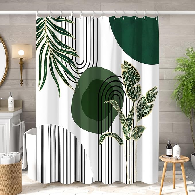 Mid Century Green Shower Curtain for Bathroom Boho Modern Abstract Plant Tropical Leaves Bathroom Curtain Set Geometric Arch Minimalist Waterproof Fabric Bath Decor 72x84 inch