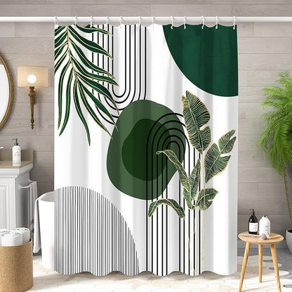 Mid Century Green Shower Curtain for Bathroom Boho Modern Abstract Plant Tropical Leaves Bathroom Curtain Set Geometric Arch Minimalist Waterproof Fabric Bath Decor 72x84 inch