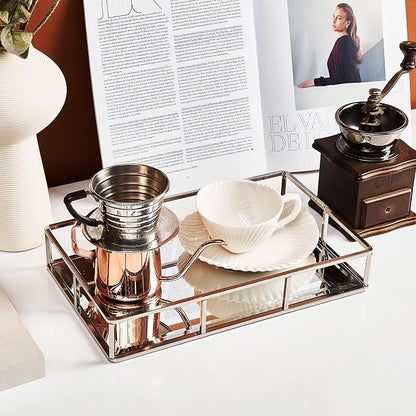 PuTwo Tray Mirror Silver Dresser Ornate Metal Decorative Jewelry Organizer | Silver Tray Jewelry Perfume Organizer Makeup Tray for Vanity Dresser Bathroom Bedroom