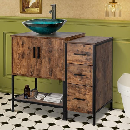 UEV 36" Antique Bathroom Vanity, Dark Brown Bathroom Vanity Set with Sink and 3 Drawers Side Cabinet Combo, Iron Wood Bathroom Cabinet with Adjustable Water Temperature Faucet (A10)