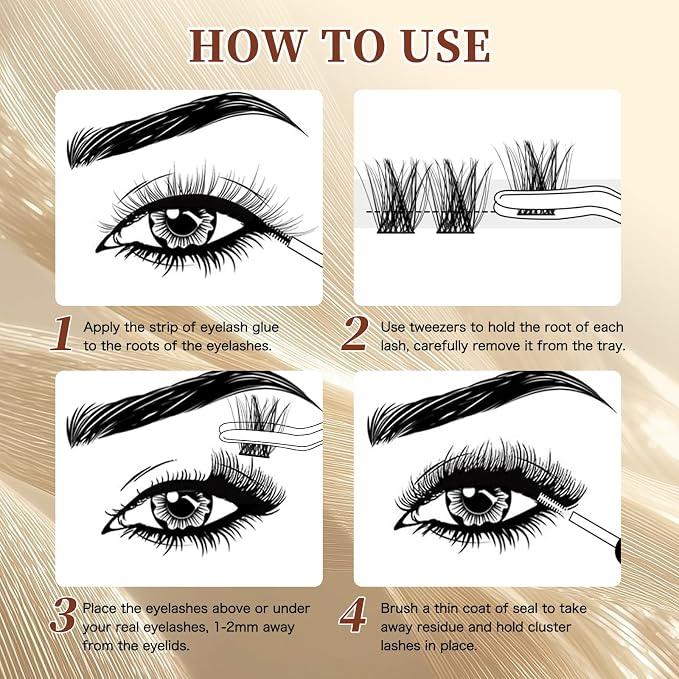 QUEWEL DIY Eyelash Extensions Kit, Lash Clusters 144 Pcs, Clusters Eyelash | Applicator Tool, Super Hold Cluster Lashes Bond and Seal, Clusters Lash Glue Remover Easy to Apply at Home(S012-Kit)