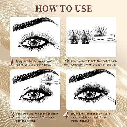 QUEWEL DIY Eyelash Extensions Kit, Lash Clusters 144 Pcs, Clusters Eyelash | Applicator Tool, Super Hold Cluster Lashes Bond and Seal, Clusters Lash Glue Remover Easy to Apply at Home(S012-Kit)