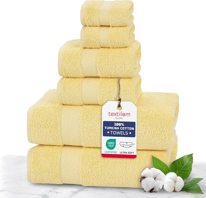 100% Turkish Cotton 6 Pcs Bath Towel Set, Luxury Bath Towels for Bathroom, Soft & Absorbent Bathroom Towels Set (2 Bathtowels, 2 Hand Towels, 2 Washcloths)- Yellow