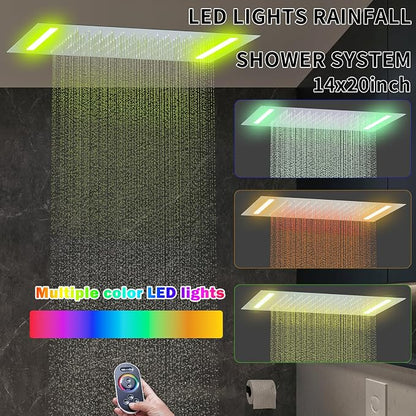 Dual Rain Shower Head System Ceiling Mount 14x20inch LED Shower Head and 8 Inch Side Shower Head with Handheld, Rainfall Shower Faucet Set (Brushed Nickel)