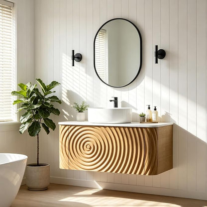 30" Floating Bathroom Vanity with Sink, Mid-Century Wall Mounted Bathroom Vanity Cabinet with Waved Decor, Ceramic Vessel Basin, Sintered Stone Top, Soft Close Storage Drawer, Natural