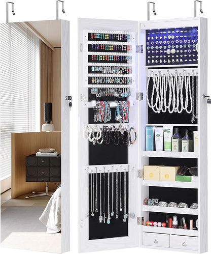 GISSAR Full Length Mirror Jewelry Cabinet, 6 LEDs Jewelry Armoire Wall Mounted Over The Door Hanging, Jewelry Organizer Storage with Lights Lockable White