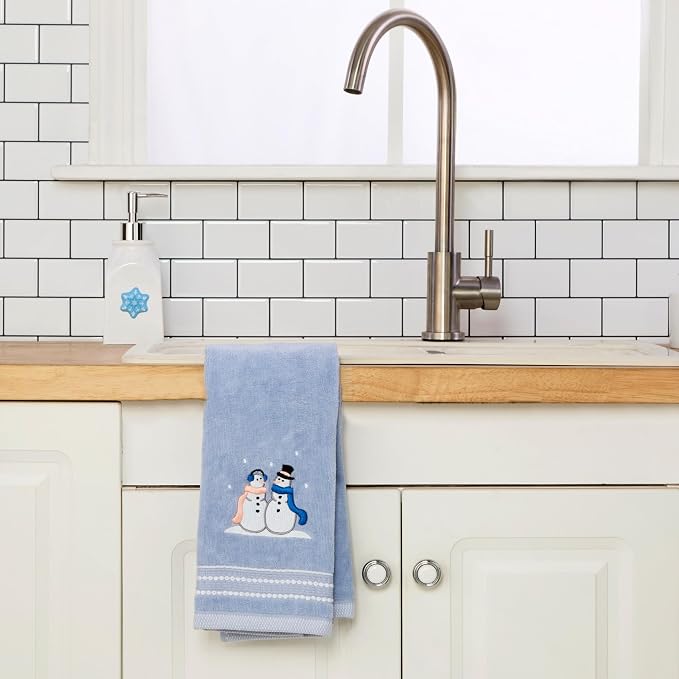SKL Home Christmas/Winter Glitz Snow Couple Hand Towel Set-2pc, Light Blue | 100% Cotton. Soft, decorative velour with embroidery. For use in the bathroom, kitchen or bar & holiday gifting.